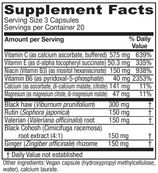 Cramp Relax ingredients list featuring Black Haw bark, Valerian root, Black cohosh and Ginger root