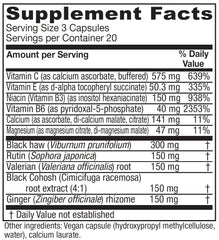 Cramp Relax ingredients list featuring Black Haw bark, Valerian root, Black cohosh and Ginger root