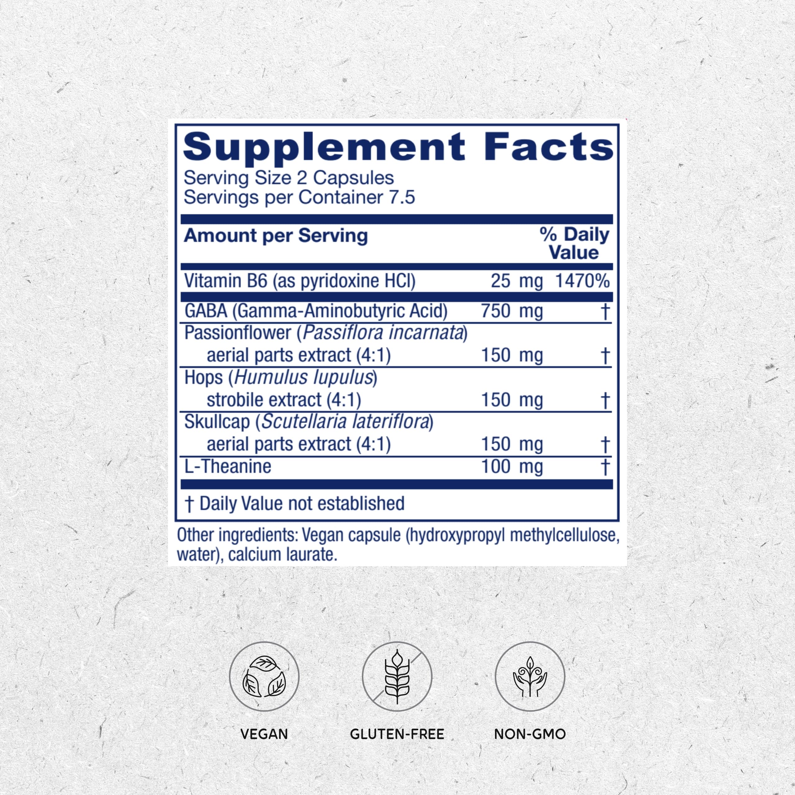 Close-up of GABA Ease ingredients: GABA, L-Theanine, passionflower, hops, skullcap