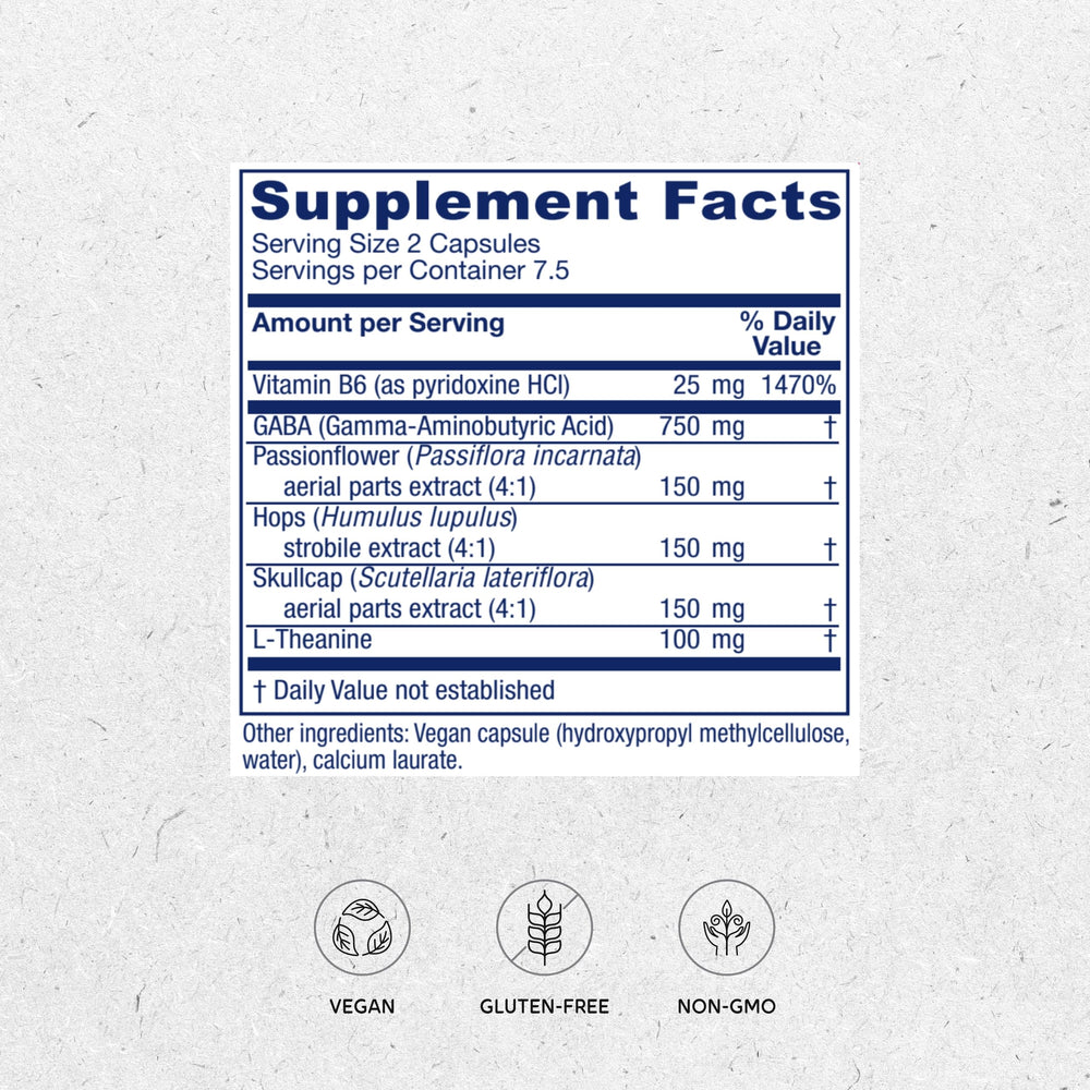 Close-up of GABA Ease ingredients: GABA, L-Theanine, passionflower, hops, skullcap
