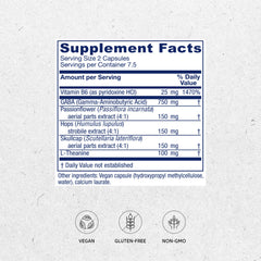Close-up of GABA Ease ingredients: GABA, L-Theanine, passionflower, hops, skullcap