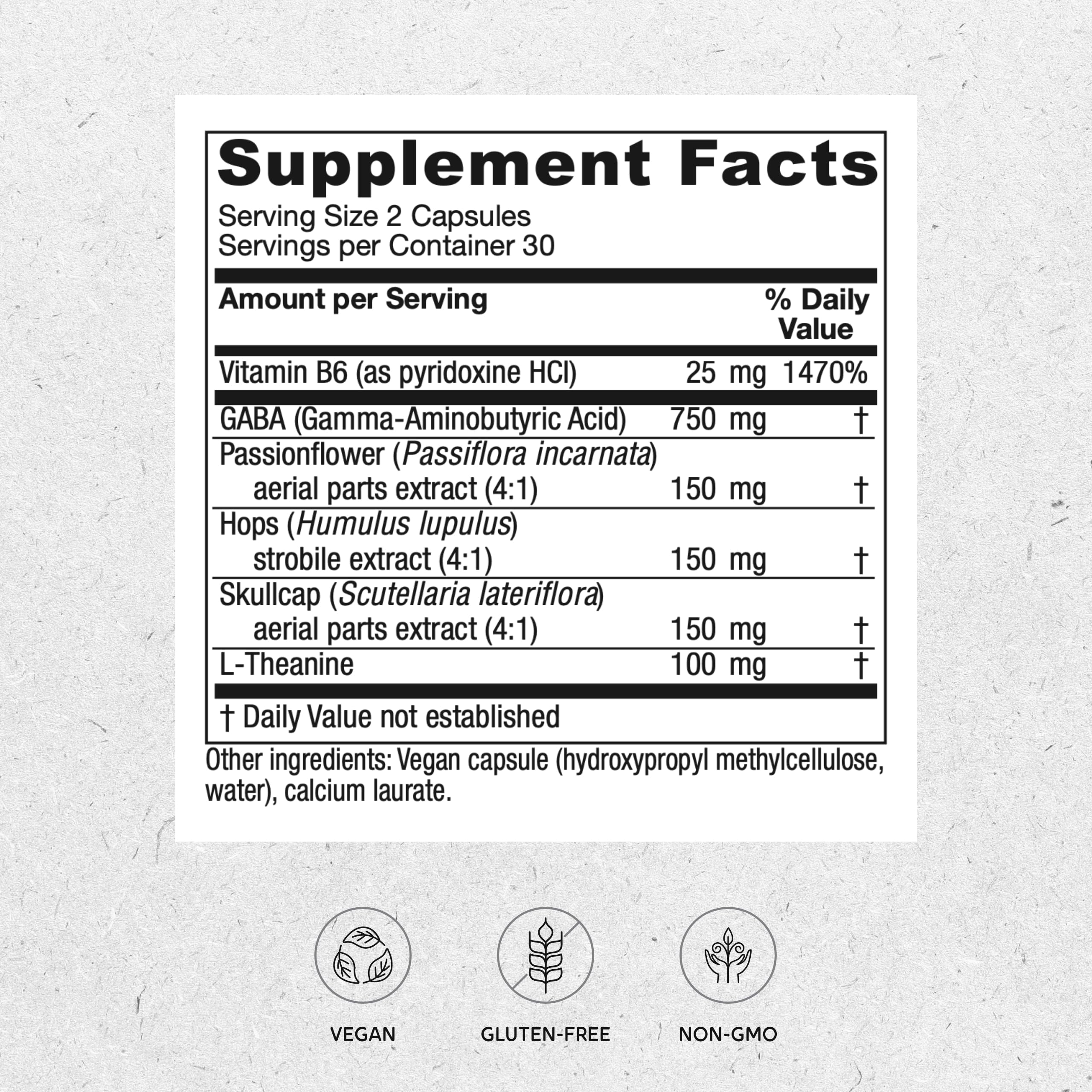 Back label with supplement facts for Vitanica GABA Ease