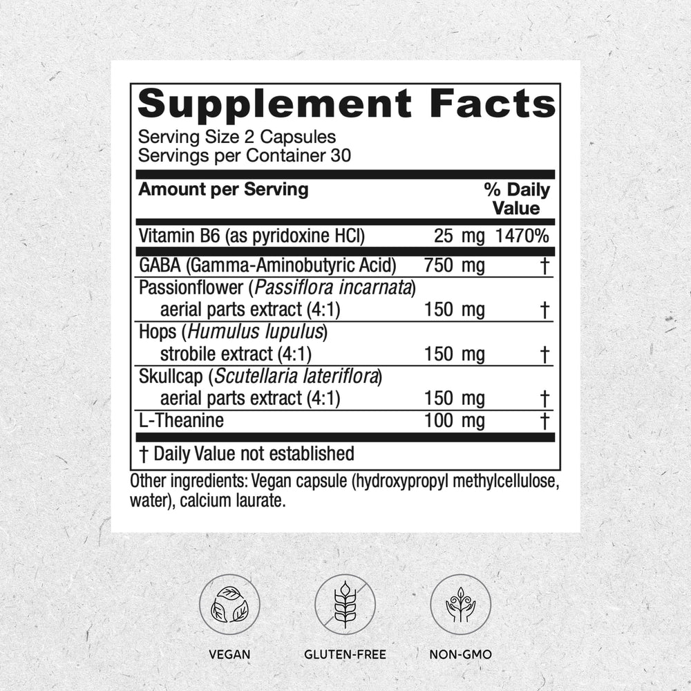 Back label with supplement facts for Vitanica GABA Ease