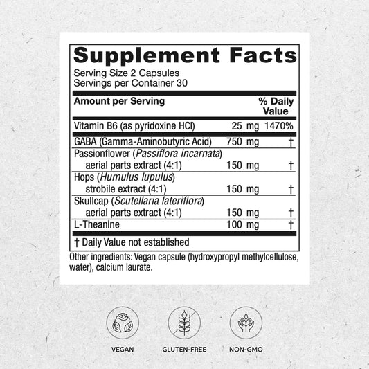 Back label with supplement facts for Vitanica GABA Ease