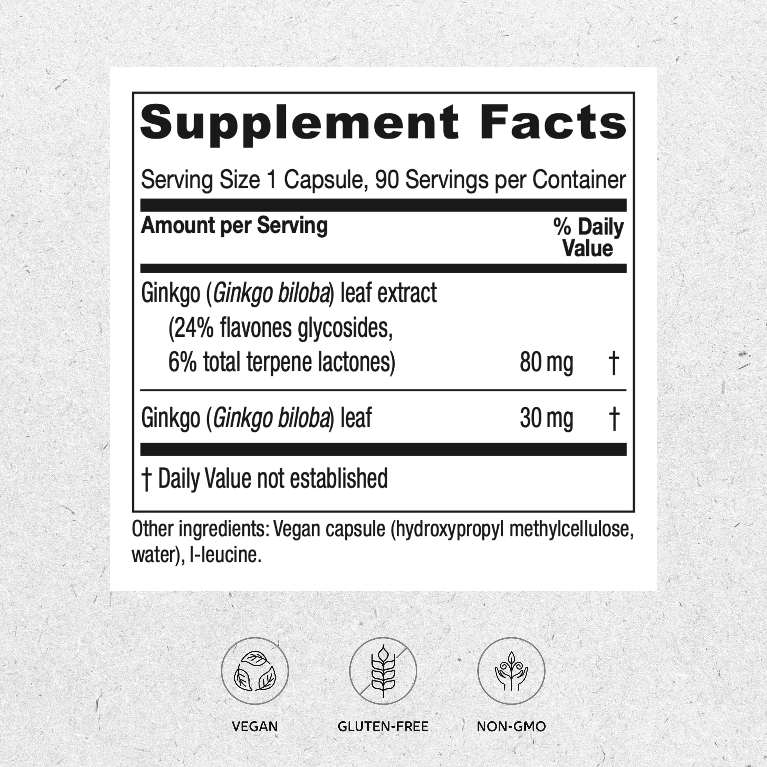 Close-up of standardized Ginkgo extract showing 24% flavone glycosides and 6% terpene lactones