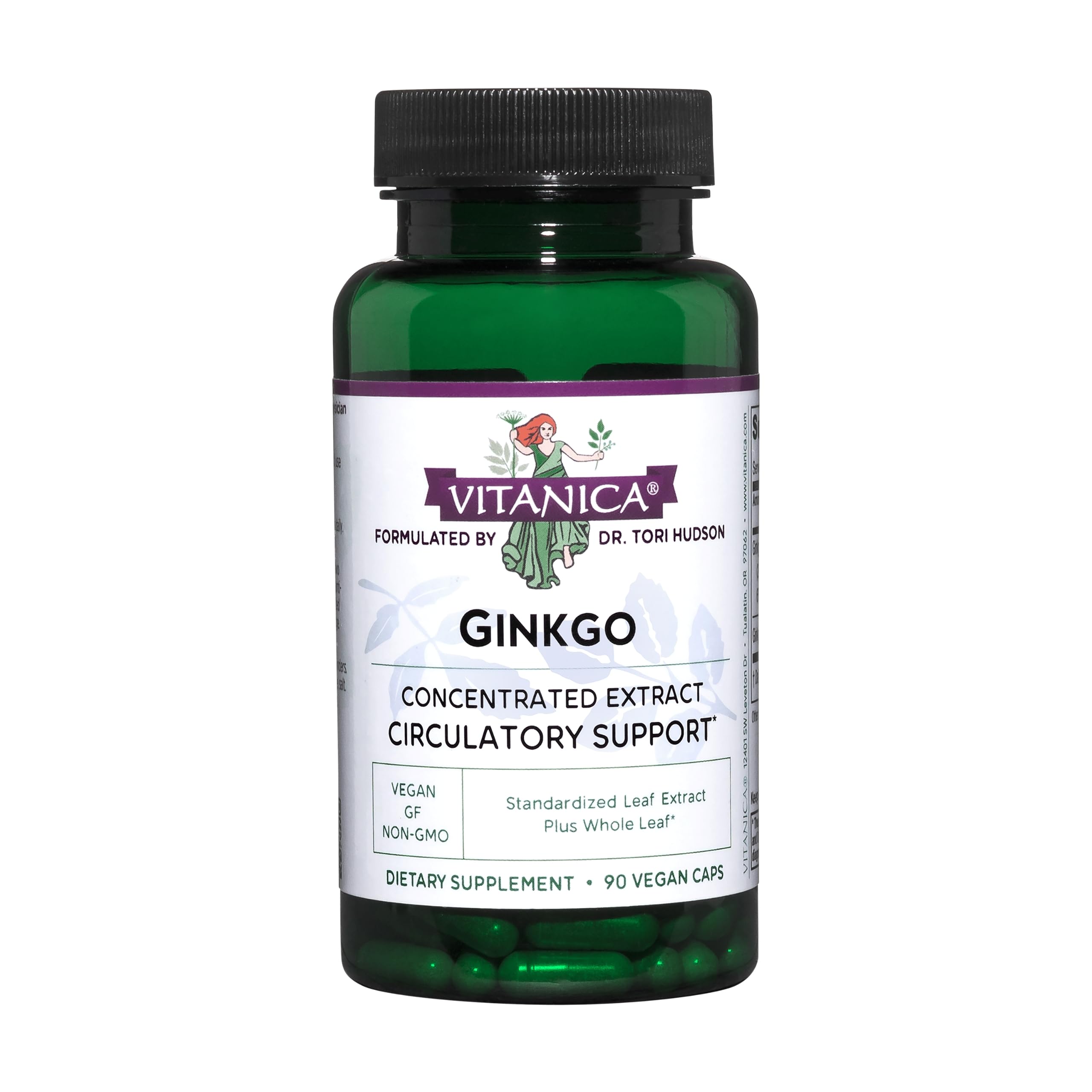 Vitanica Ginkgo bottle and 90 capsules on white background