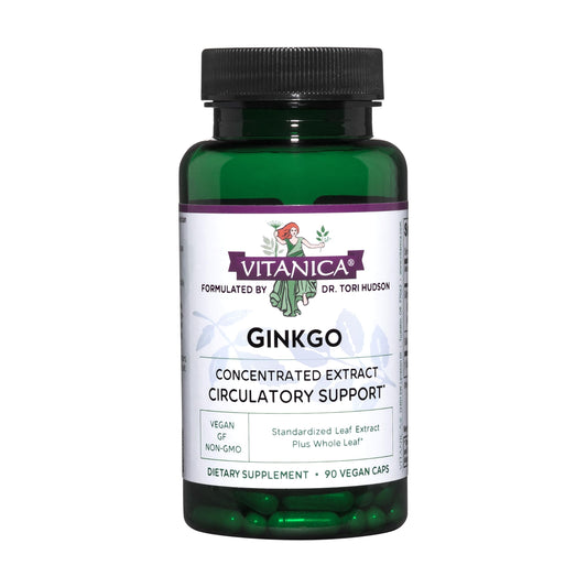 Vitanica Ginkgo bottle and 90 capsules on white background