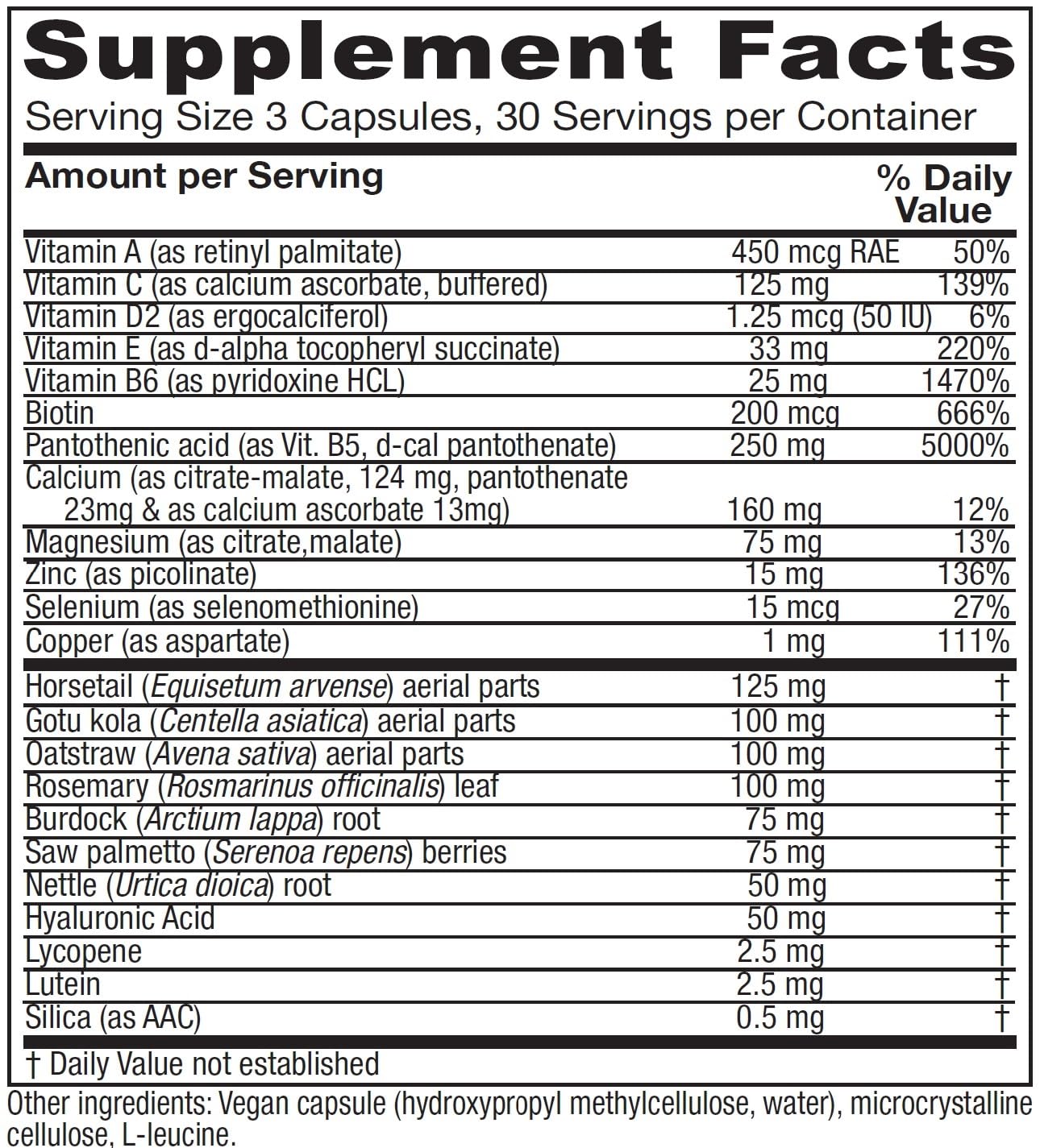 Label on Vitanica Skin Assist bottle showing vegan formula