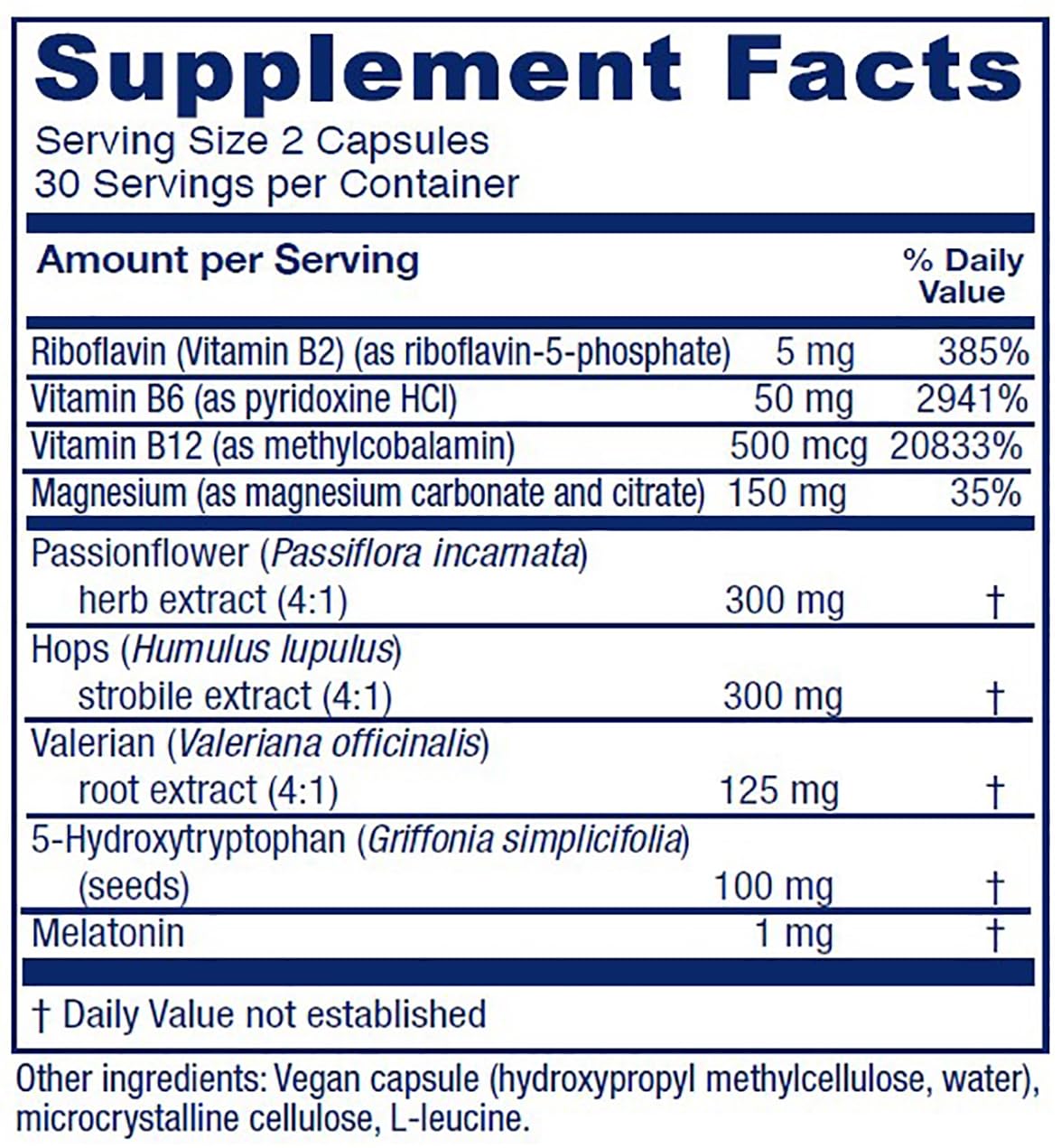 Sleepblend ingredients: melatonin, valerian root, passionflower, and hops