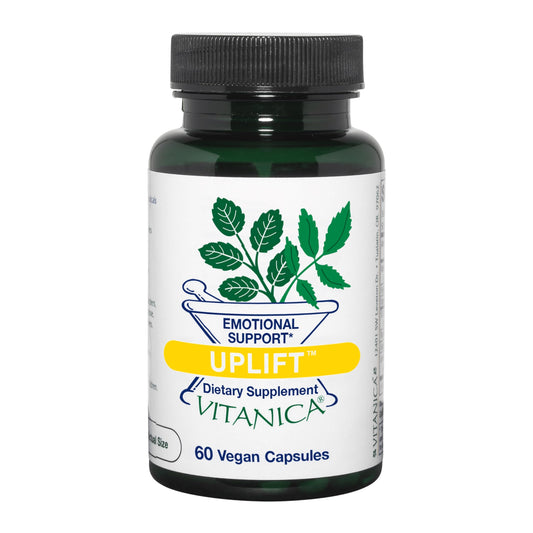 Vitanica Uplift bottle with label on a neutral background