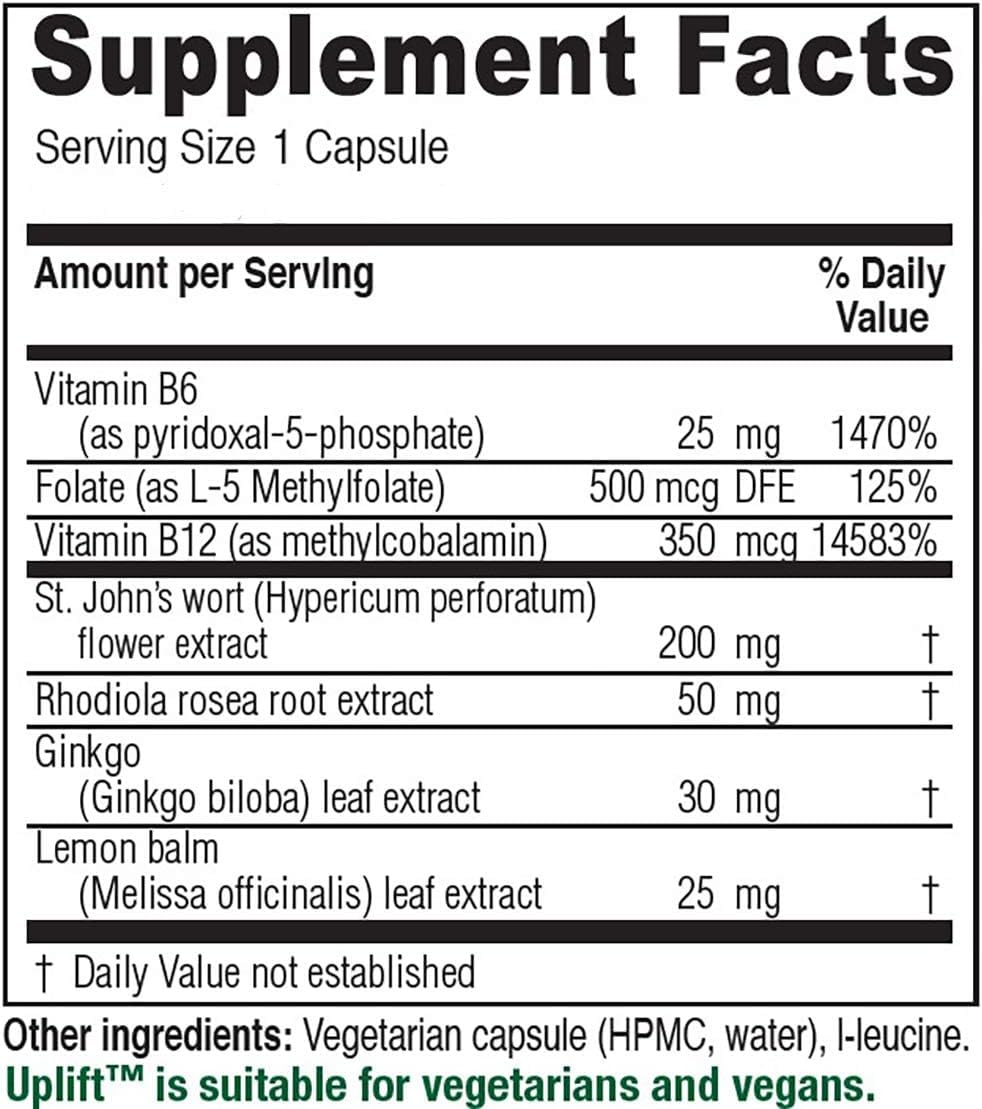 Close-up of Uplift bottle label highlighting vegan and non-GMO