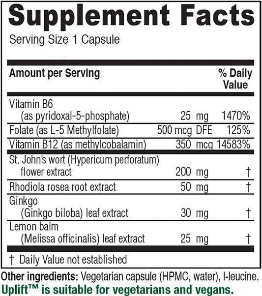 Close-up of Uplift bottle label highlighting vegan and non-GMO