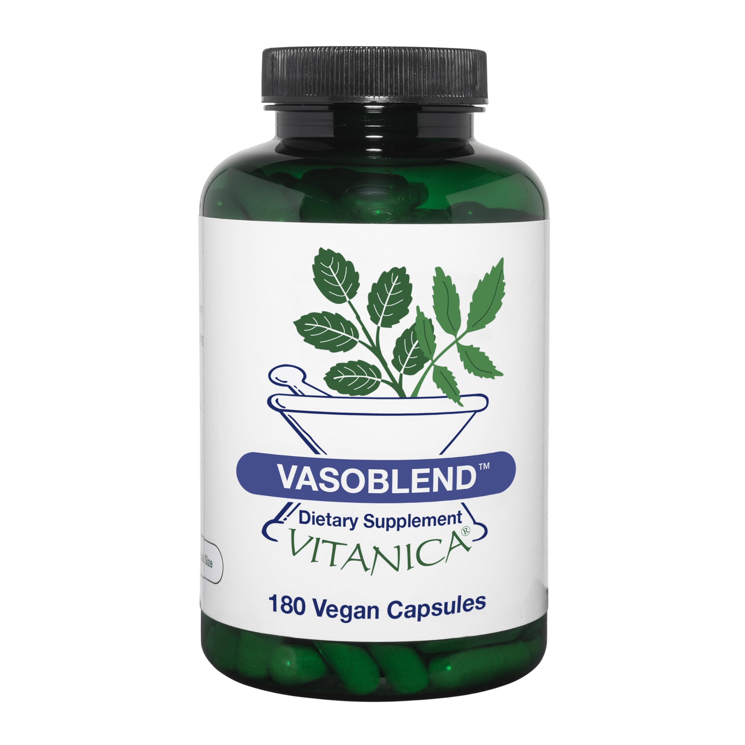 Vitanica VasoBlend bottle with capsules on a white background