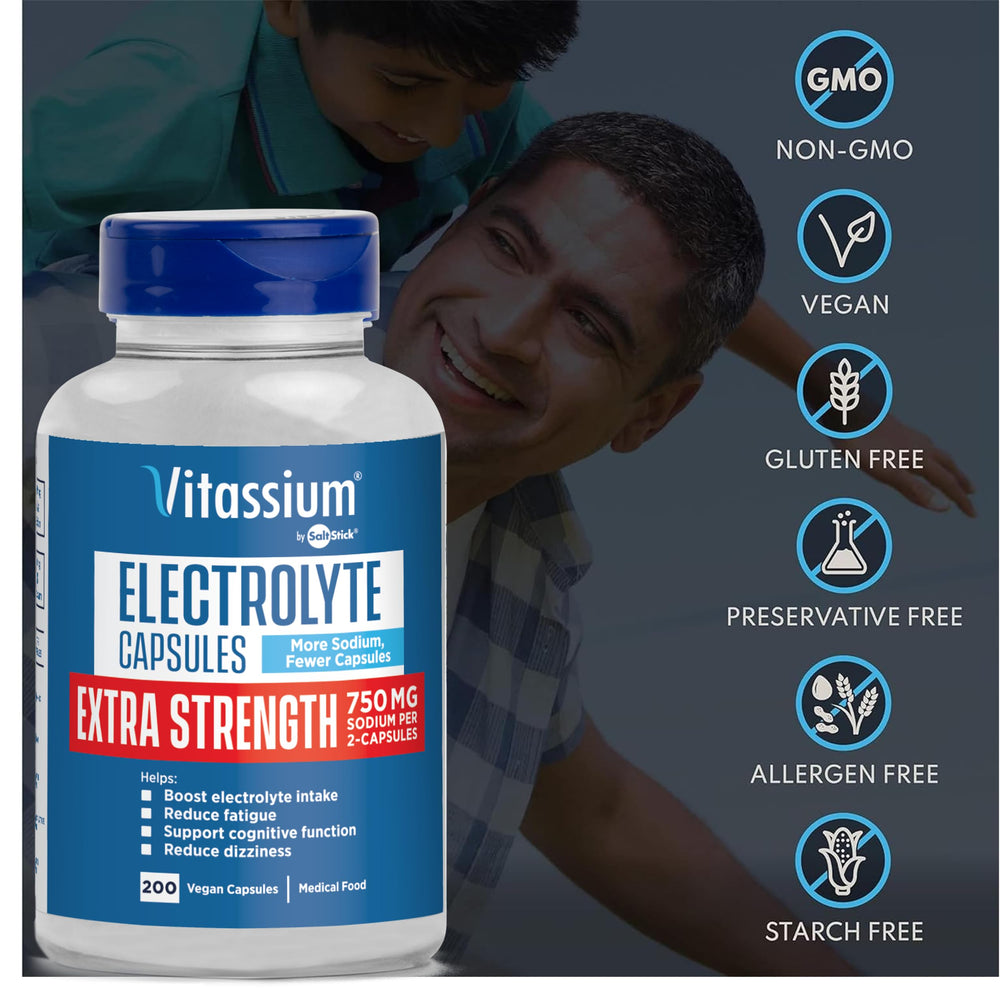 Vitassium capsules being poured from a flip-top bottle suggests mess-free daily use.