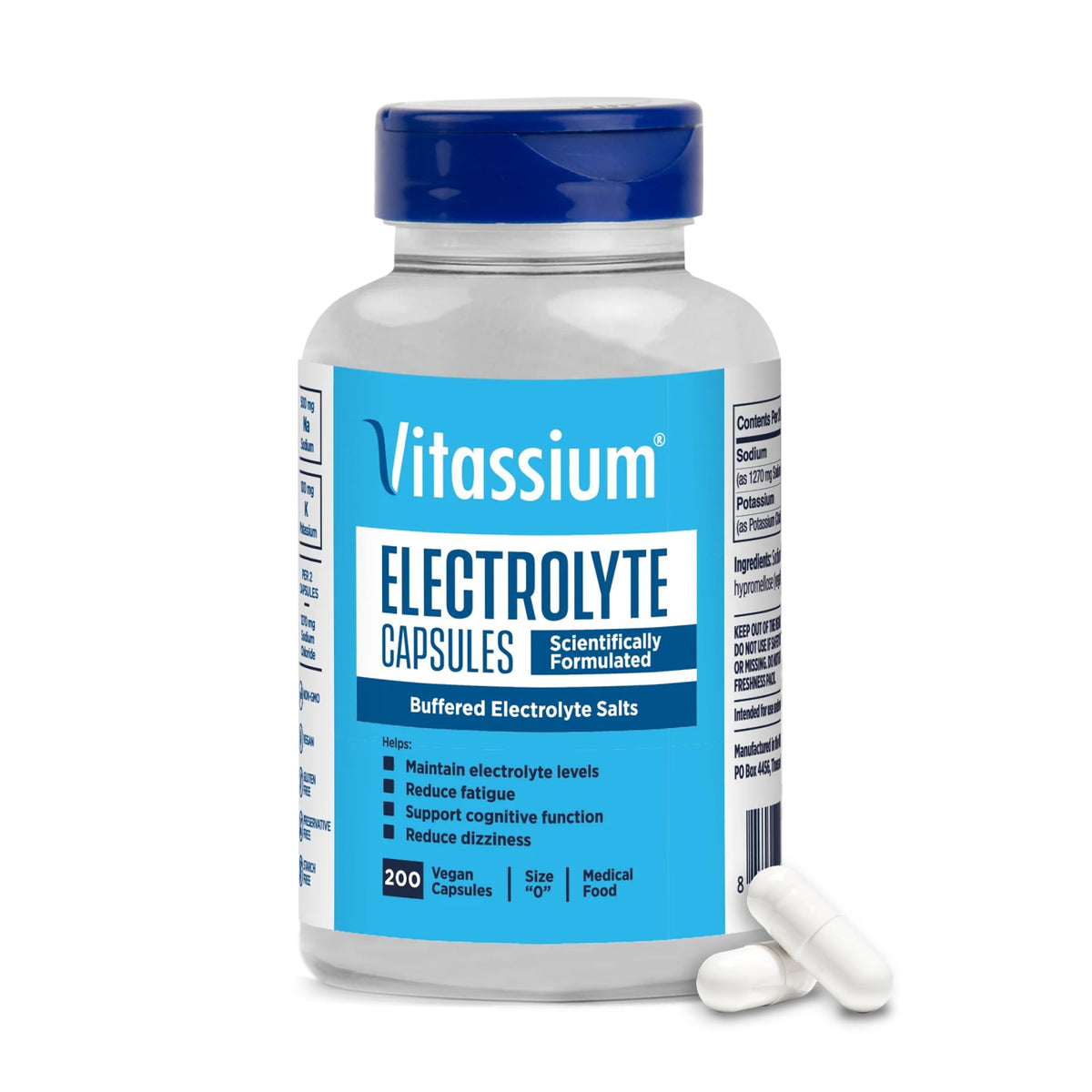 Vitassium Electrolyte Capsules bottle with 200 unflavored capsules