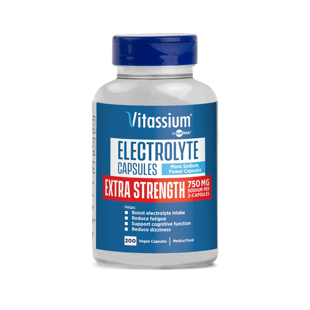 Bottle of Vitassium electrolyte capsules (unflavored) showing 750mg sodium