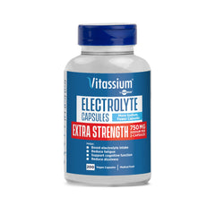 Bottle of Vitassium electrolyte capsules (unflavored) showing 750mg sodium