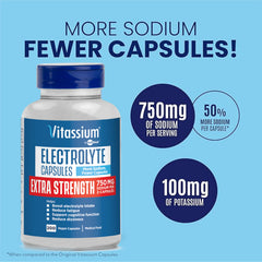 Vitassium electrolyte capsules close-up shows the unflavored formula ideal for sensitive stomachs.