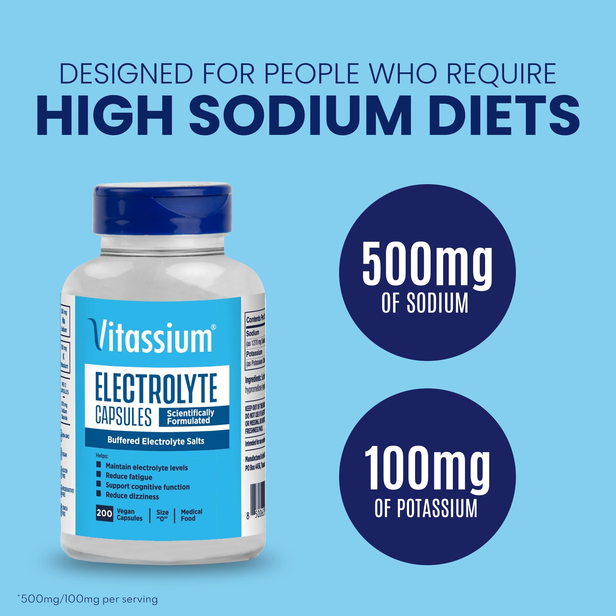 Vitassium capsules—unflavored pills, convenient no-mix electrolyte option.