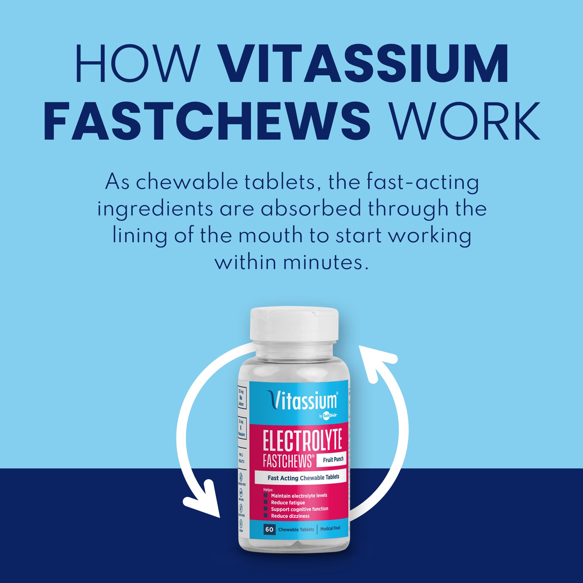 Close up of Vitassium FastChews chewable electrolyte tablets Fruit Punch flavor