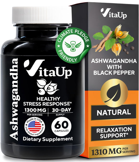 VitaUp Ashwagandha capsules bottle with 60 capsules (1310mg with black pepper)