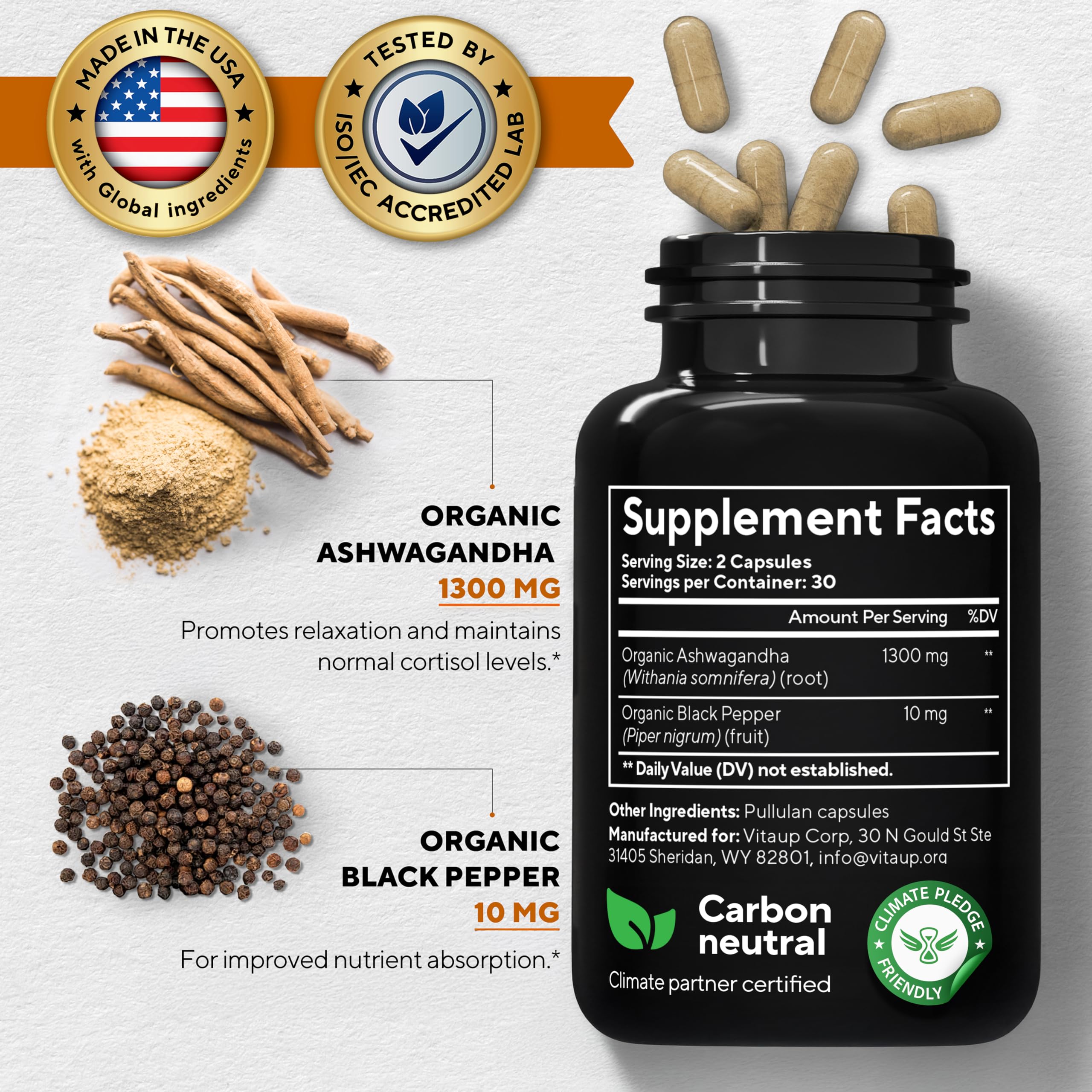 Illustration of ashwagandha ingredients, including root extract and black pepper