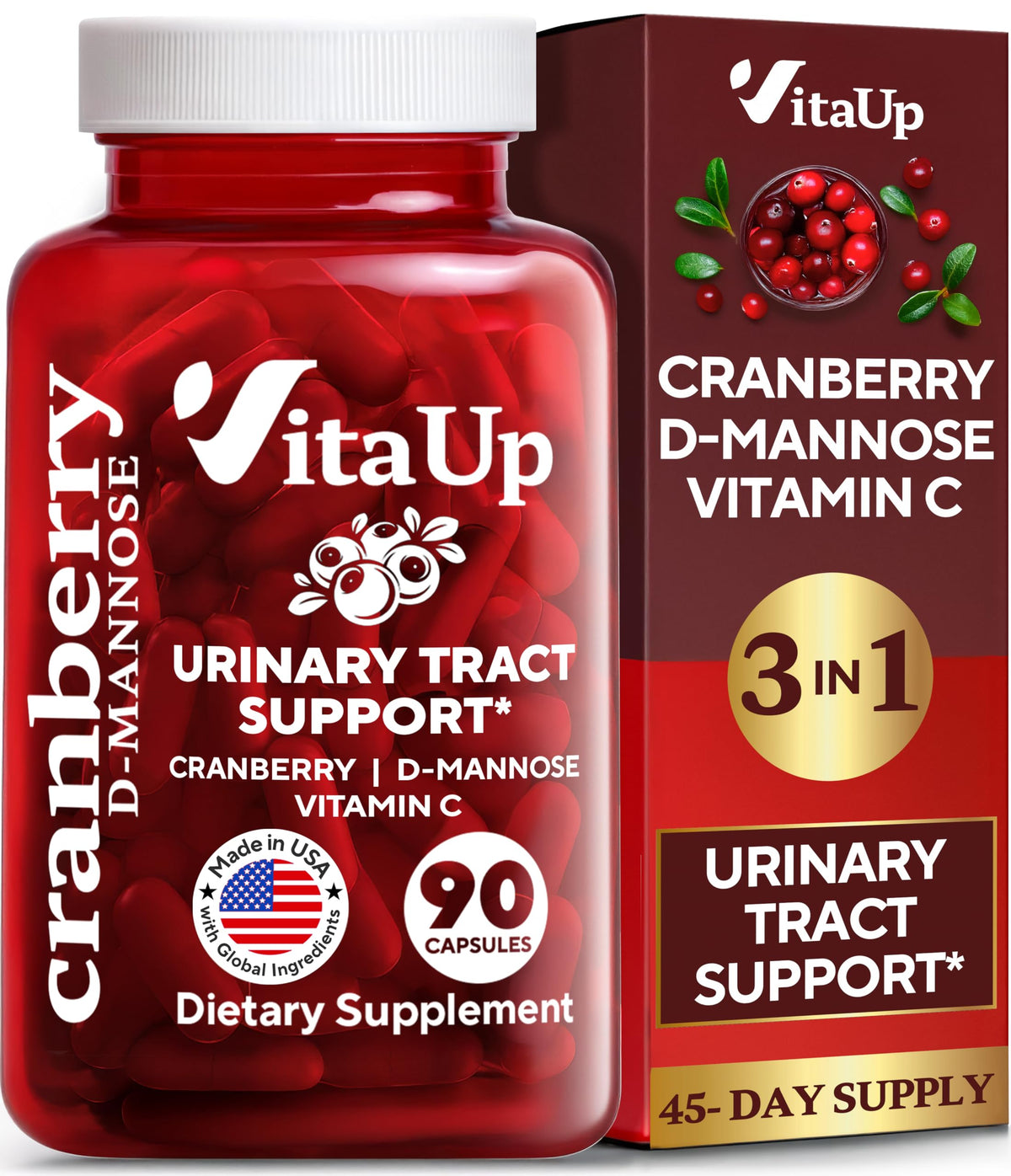 Front view of VitaUp D-Mannose with Cranberry and Vitamin C bottle