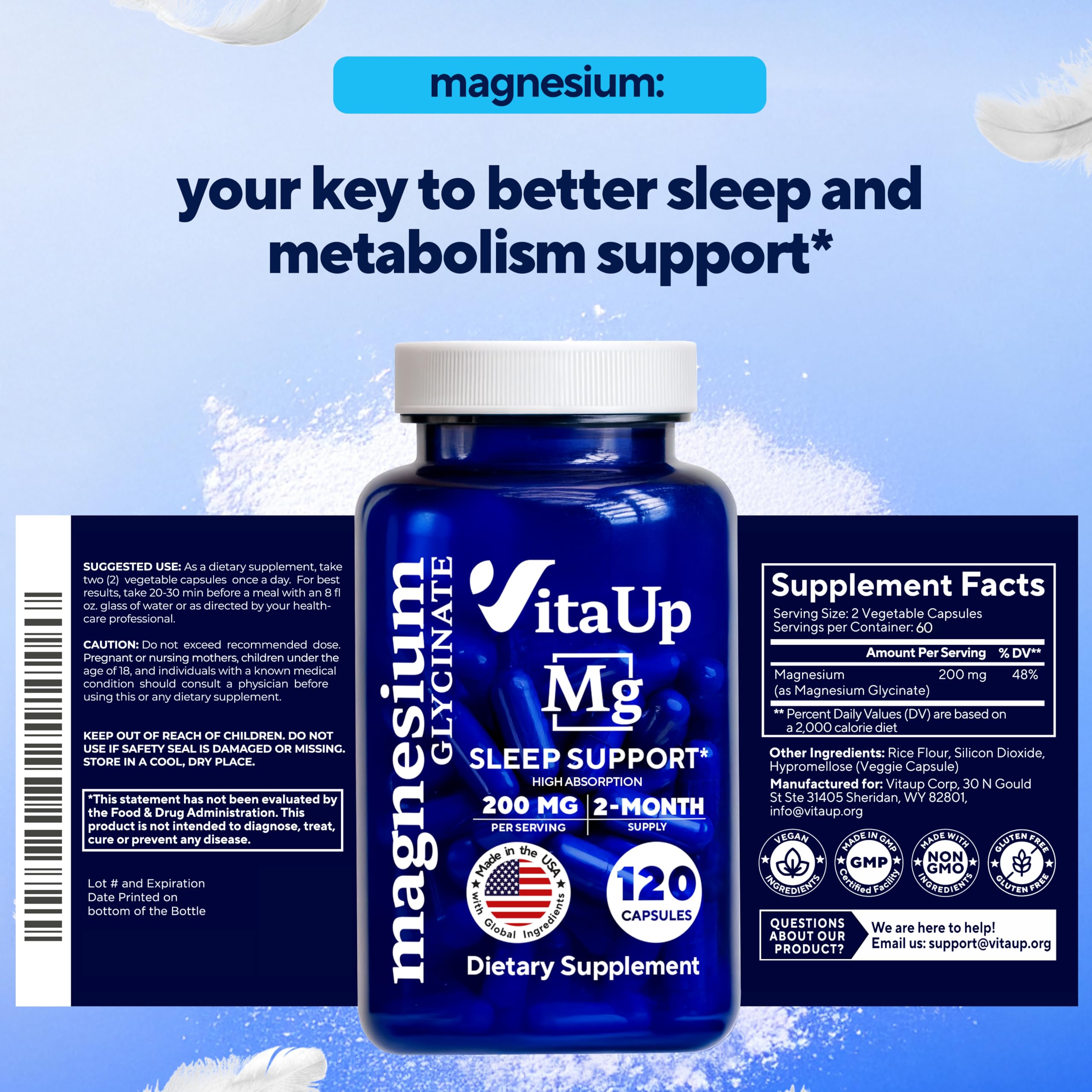 Lifestyle image showing a calm sleep scene with VitaUp bottle