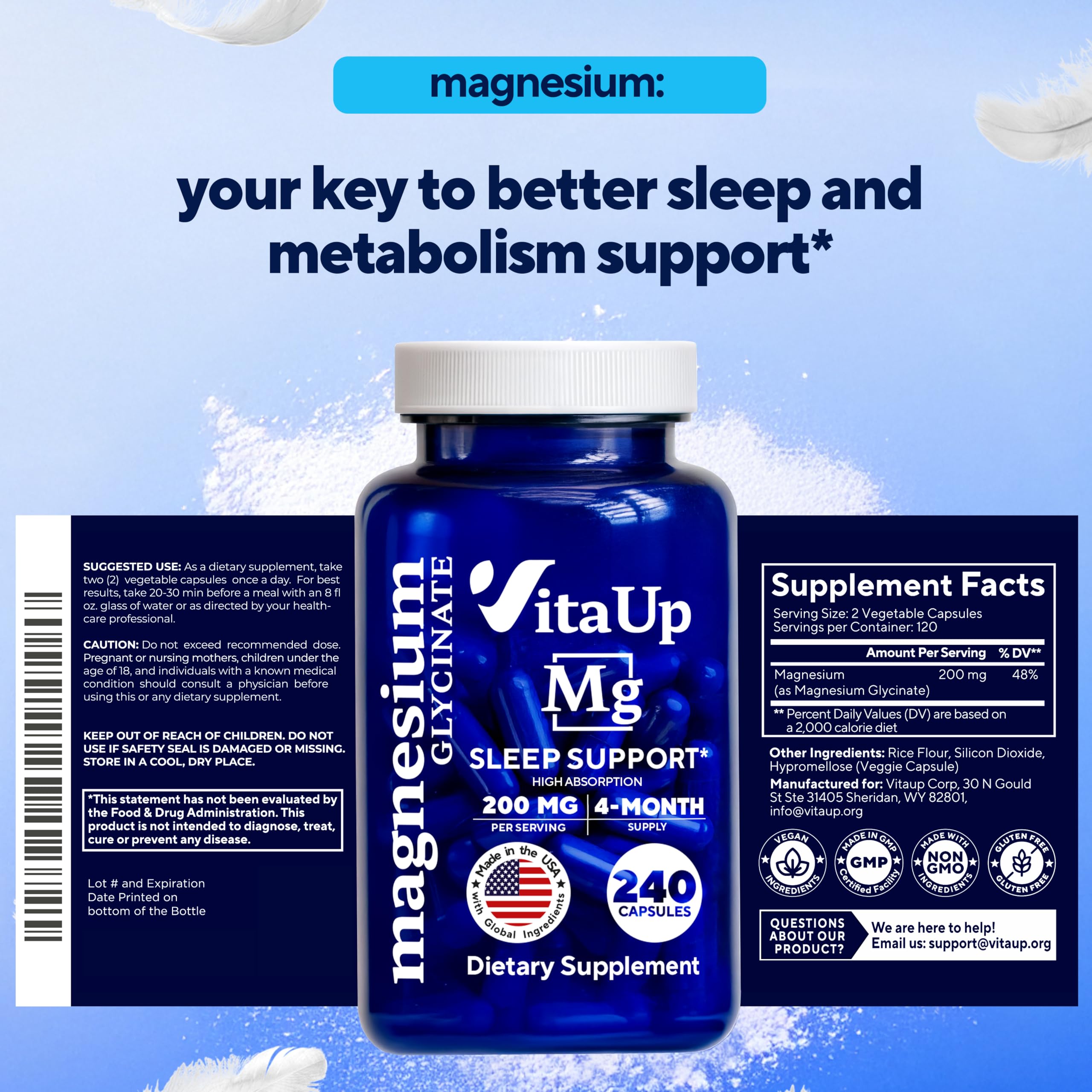 USA made VitaUp magnesium glycinate bottle on a clean surface