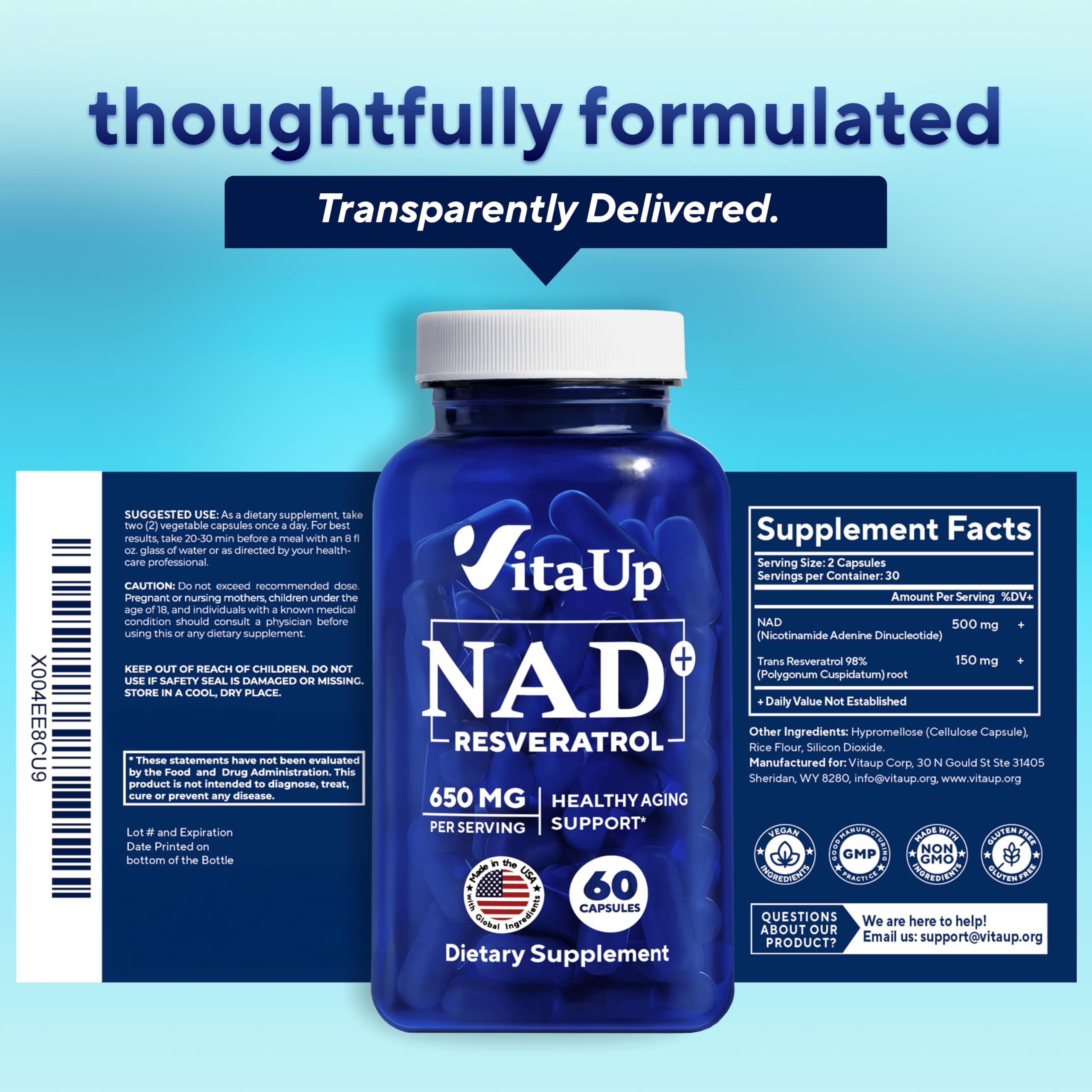 Close-up of NAD+ and trans-resveratrol capsules