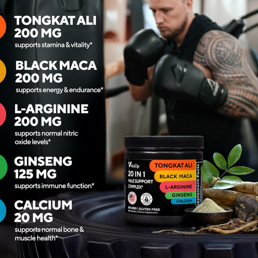 Close-up of ingredients including Tongkat Ali, Black Maca, L-Arginine