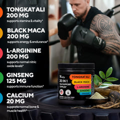 Close-up of ingredients including Tongkat Ali, Black Maca, L-Arginine