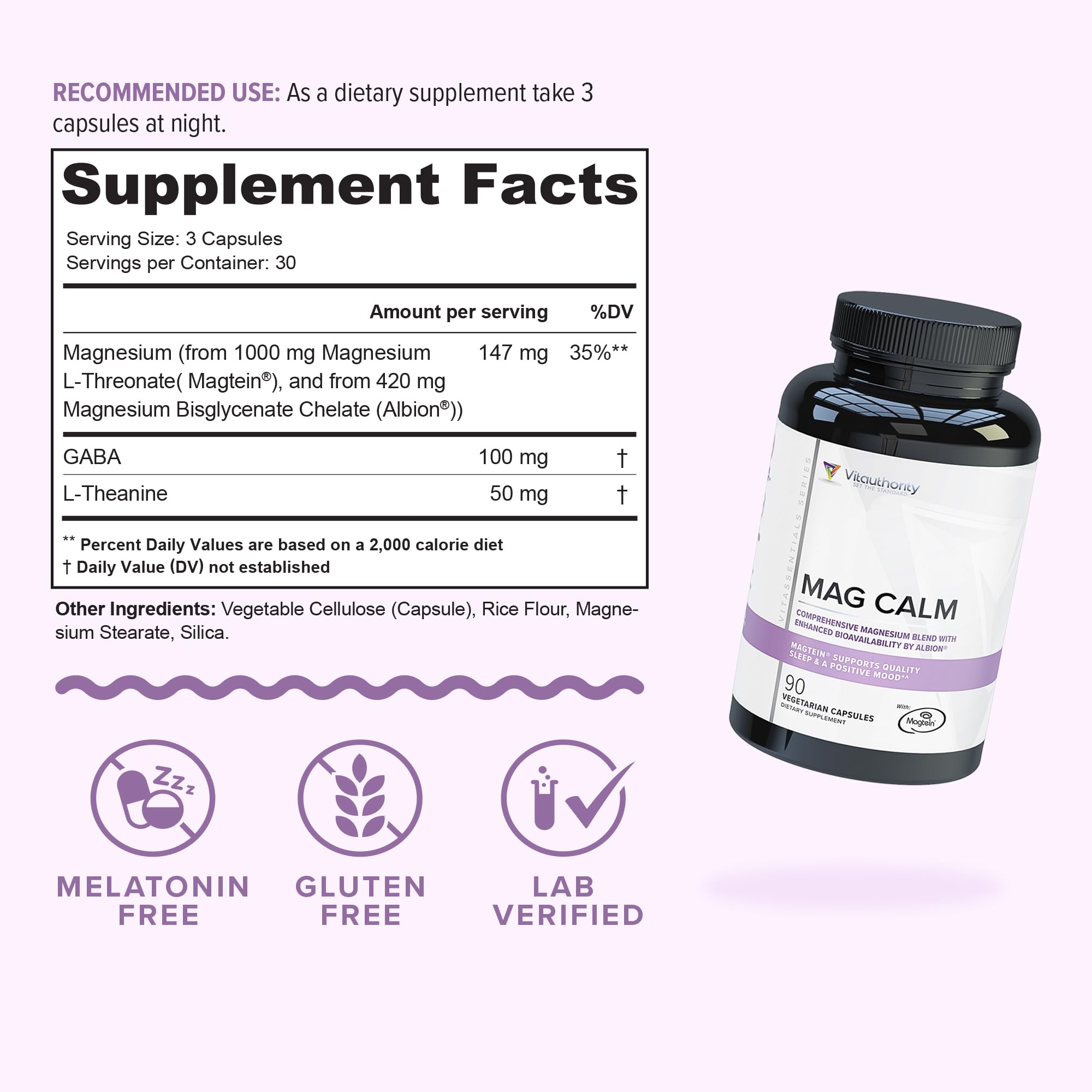 Ingredient panel highlighting Magnesium, GABA, and L-Theanine