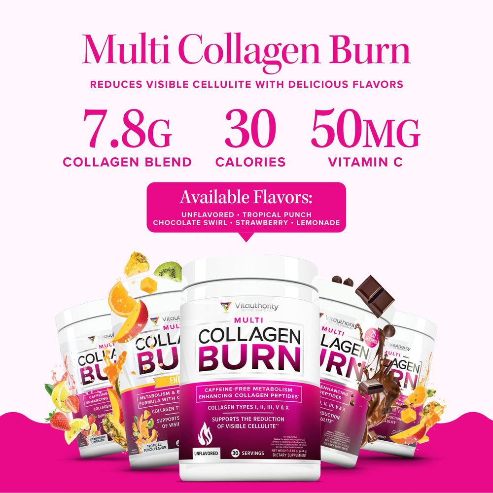Vitauthority Multi Collagen Burn front label emphasizing five collagen types