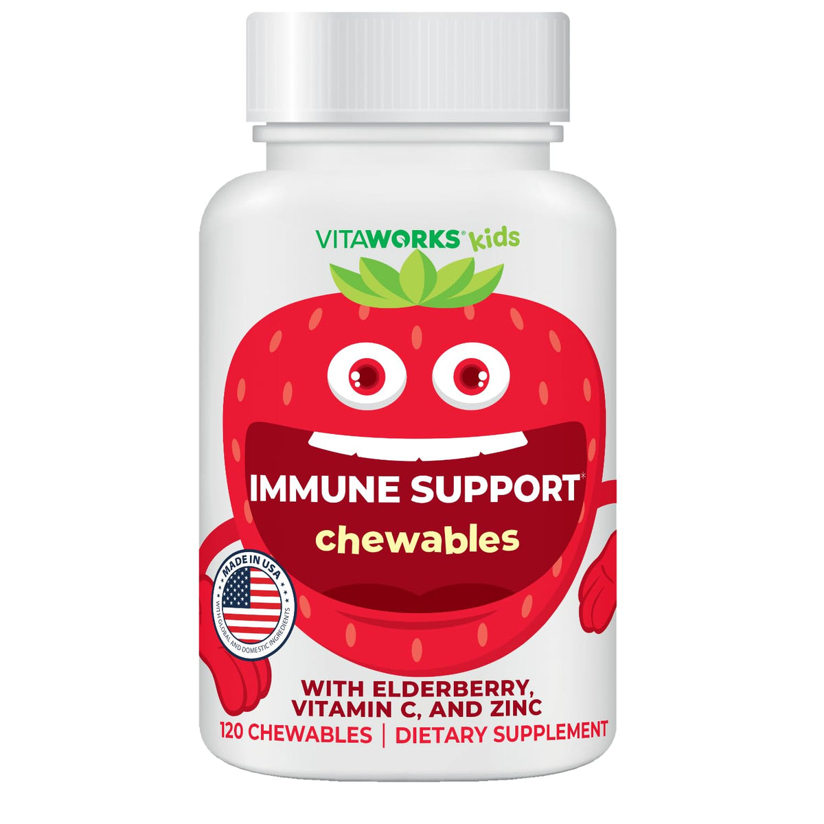Front view of VitaWorks Kids Elderberry with Zinc and Vitamin C bottle with mixed berry chewables