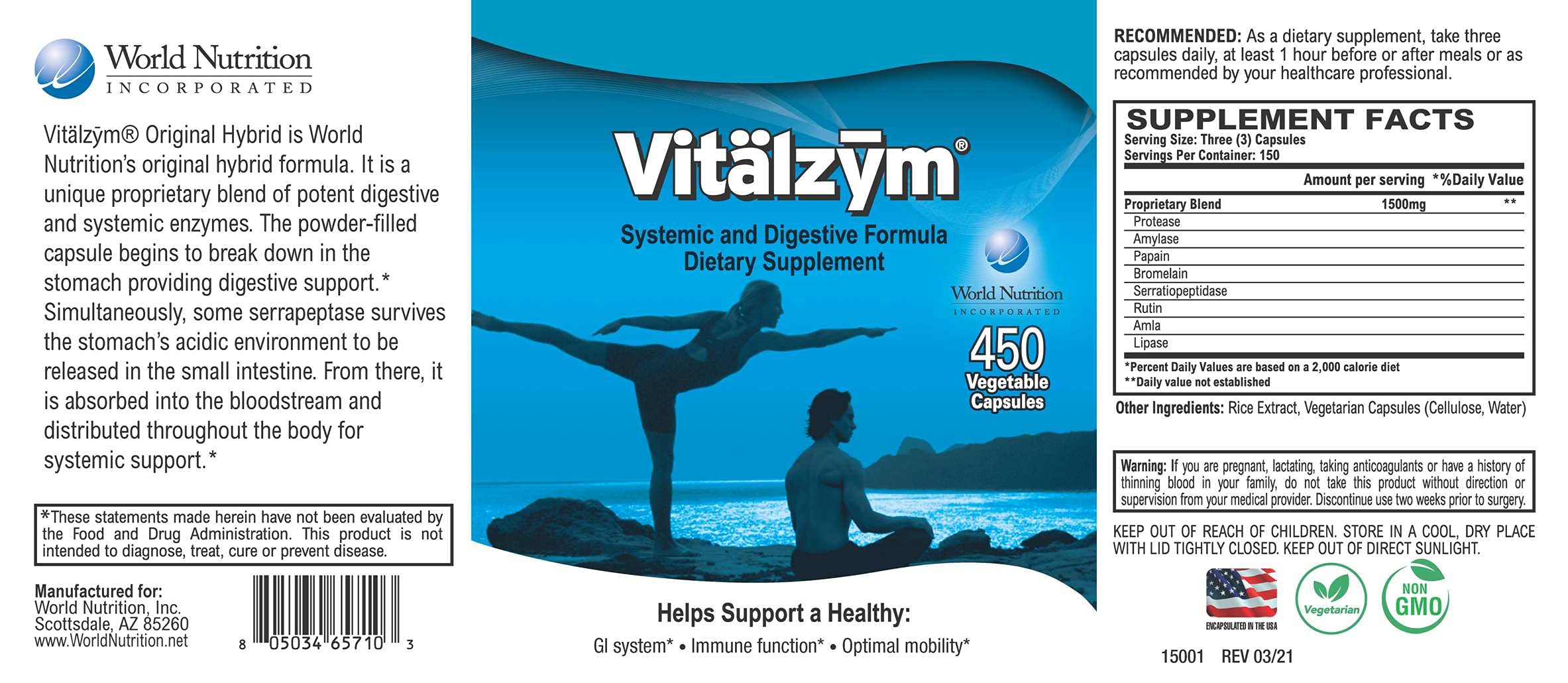 Ingredients list including Serrapeptase, Protease, Papain, Bromelain, Amylase, Lipase