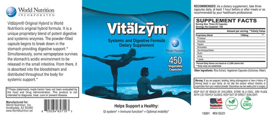 Ingredients list including Serrapeptase, Protease, Papain, Bromelain, Amylase, Lipase