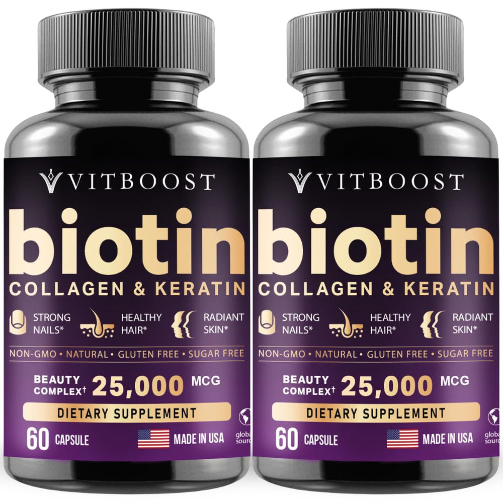 Vitboost Biotin with Hyaluronic Acid, Collagen & Keratin bottle and label