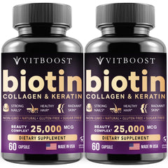 Vitboost Biotin with Hyaluronic Acid, Collagen & Keratin bottle and label
