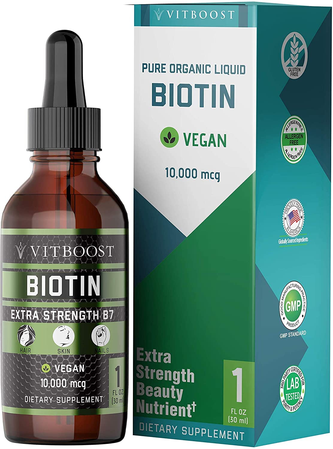 VITBOOST Biotin Liquid Drops 10000mcg Berry flavor bottle with 60 servings