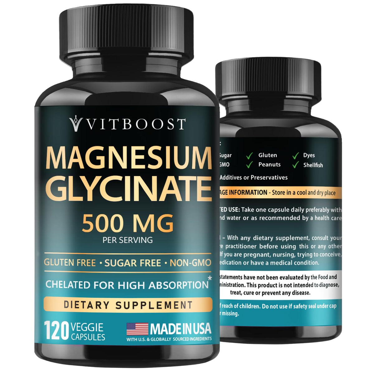 VitBoost Magnesium Glycinate 500mg bottle – front view