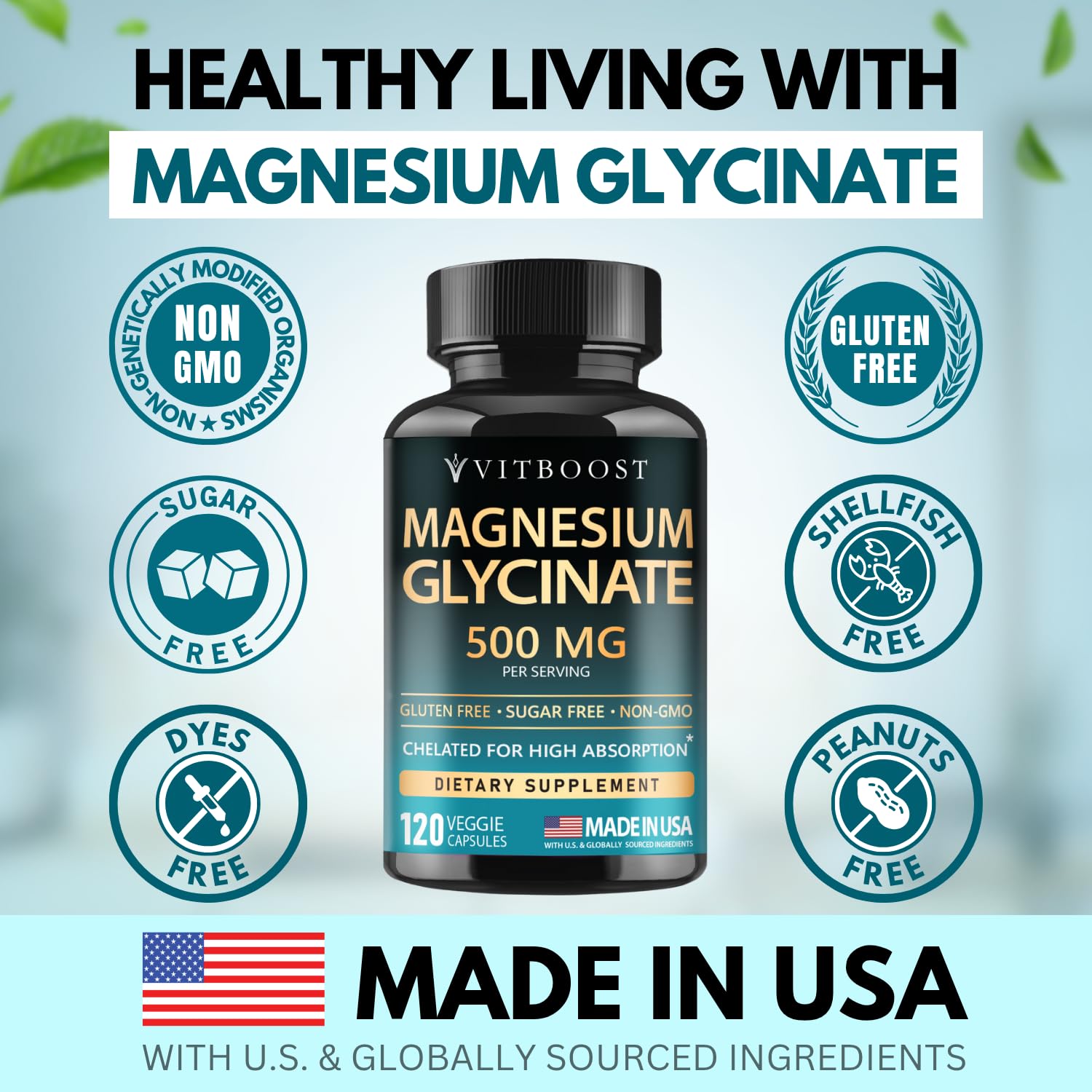 VitBoost Magnesium Glycinate 500mg label highlighting non-GMO and vegan claims