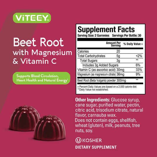 Viteey Beet Root Gummies bottle back label with nutrition facts