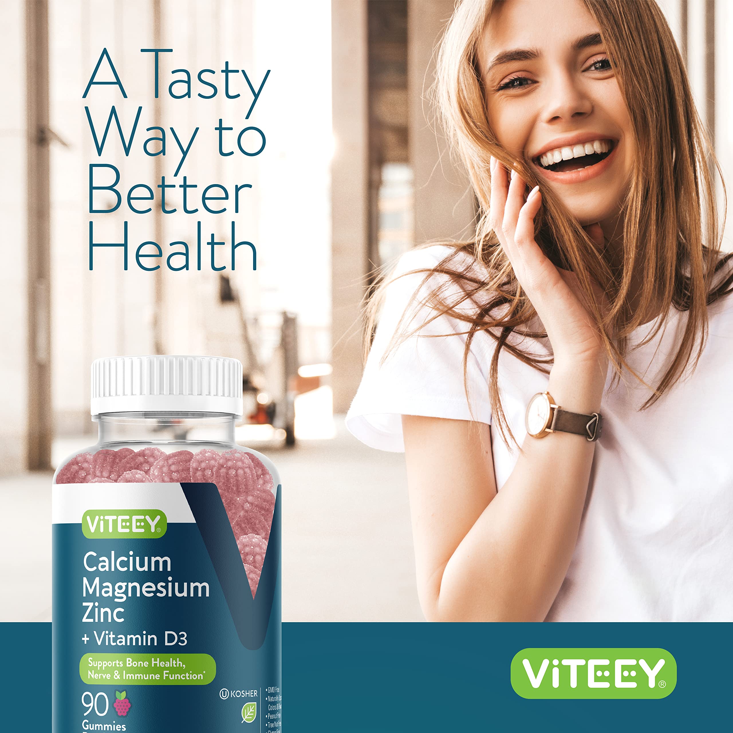 Side view of the Viteey raspberry gummies bottle with 90 gummies