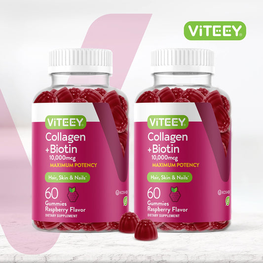 Bottle of Viteey collagen gummies with raspberry flavor label