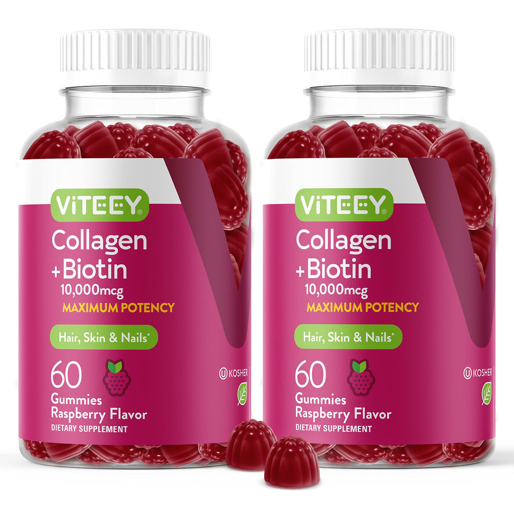 Front view of Viteey Collagen Gummies with Biotin bottle in raspberry flavor