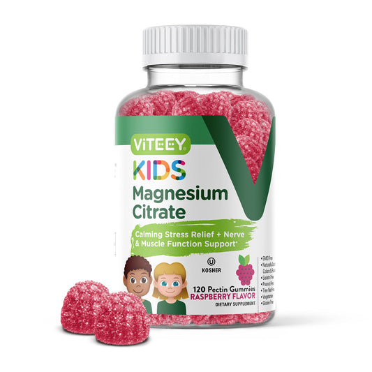 Viteey Kids Magnesium Citrate Gummies bottle on a counter - raspberry flavor