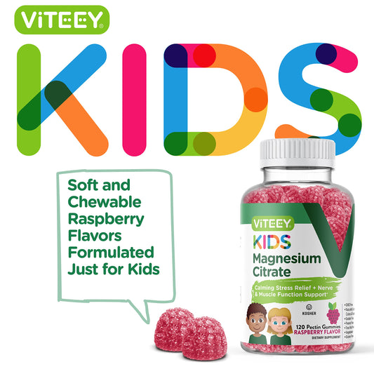 Close-up of raspberry-flavored magnesium gummies for kids
