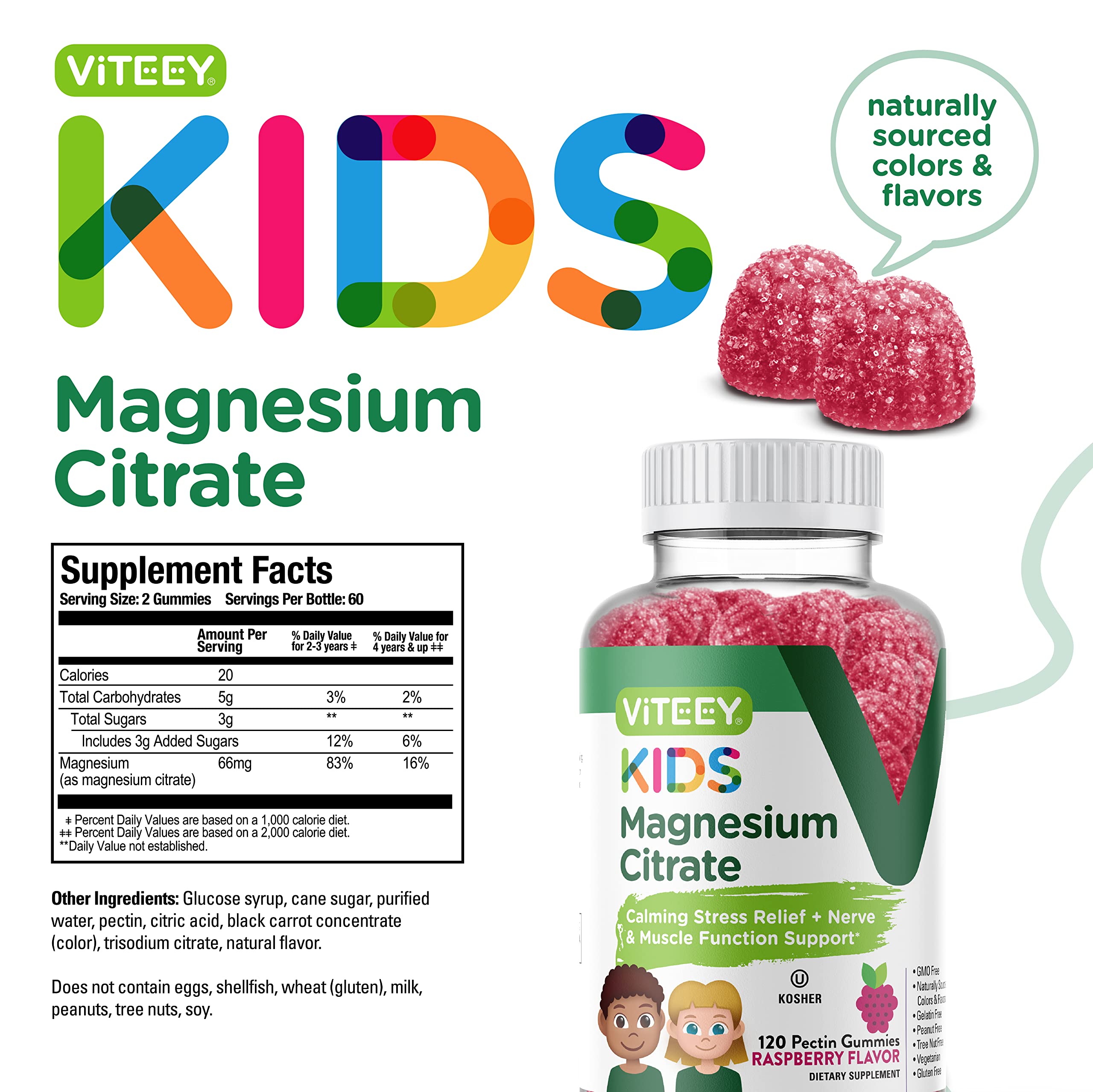 Kosher certified and vegetarian symbols on Viteey gummies packaging
