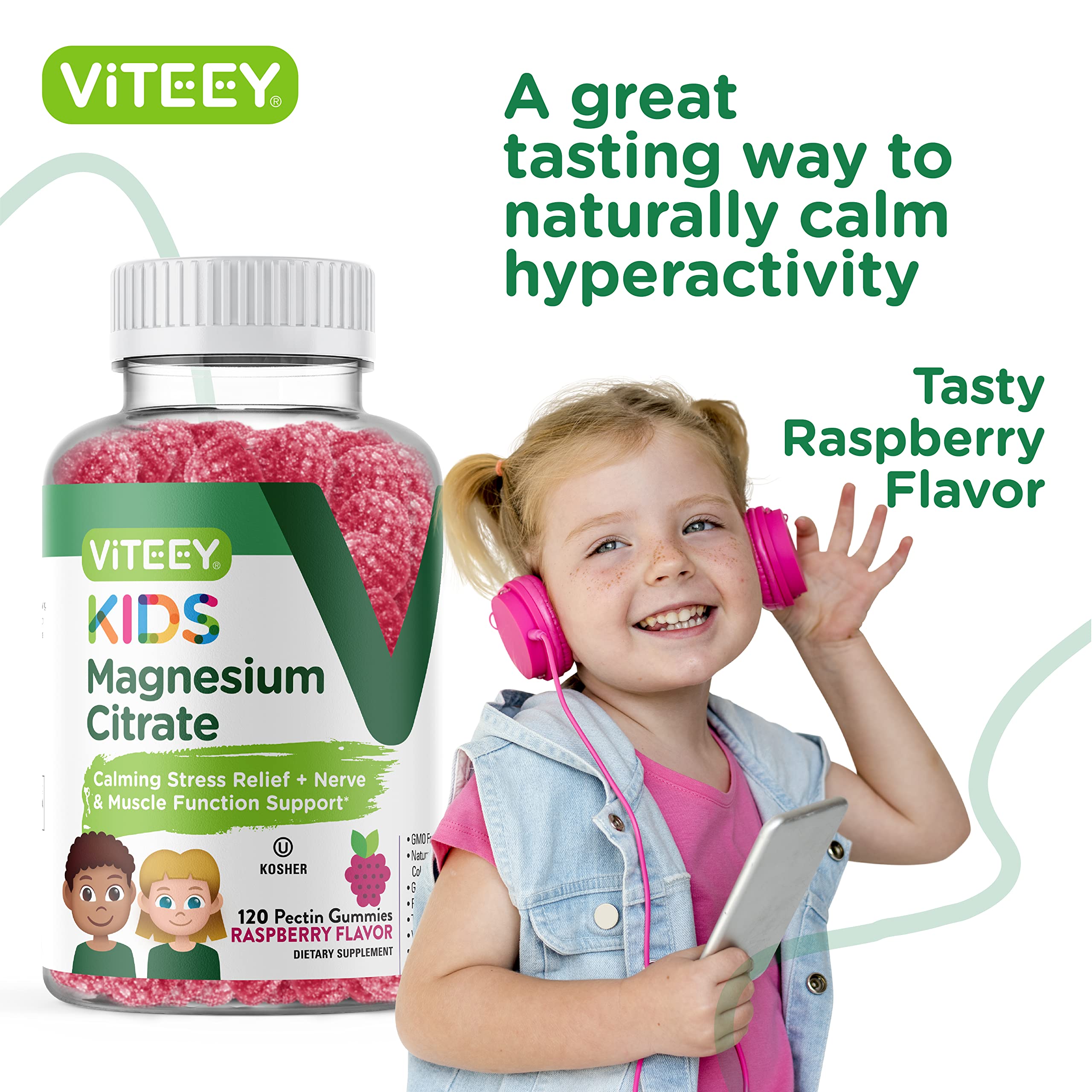 Flat lay of Viteey Kids Magnesium Gummies with packaging